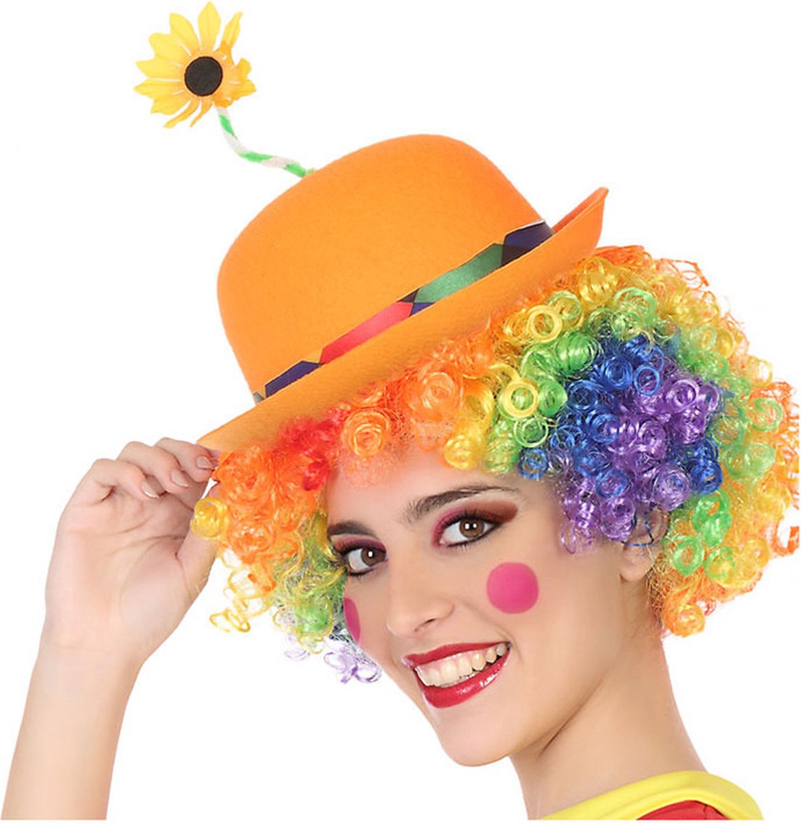 Verkleed bolhoed voor volwassenen oranje met bloem - Carnaval clown kostuum hoedjes