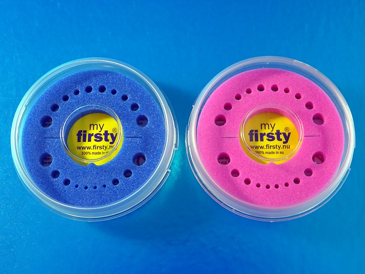 2x Firsty Round Tandendoosje (roze/blauw), Nederlandse Tekst, Gratis verzending, Gratis 2x sticker ´Eerste tandje eruit!´