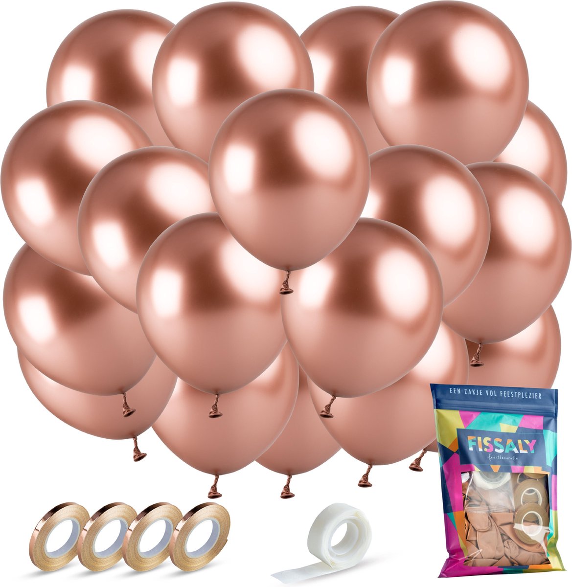 Fissaly® 40 stuks Metallic Rose Goud Helium Latex Ballonnen met Lint Versiering - Feest Decoratie – Chrome Roze & Gouden