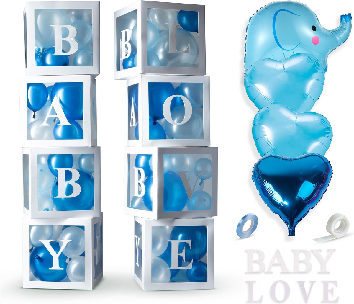 Fissaly® 58 Stuks Babyshower Jongen & Gender Reveal Versiering Dozen – Baby Boy – Mommy to Be Party - Decoratie Pakket – Feestpakket met ballonnen, sjerp, taarttopper, slinger & accessoires