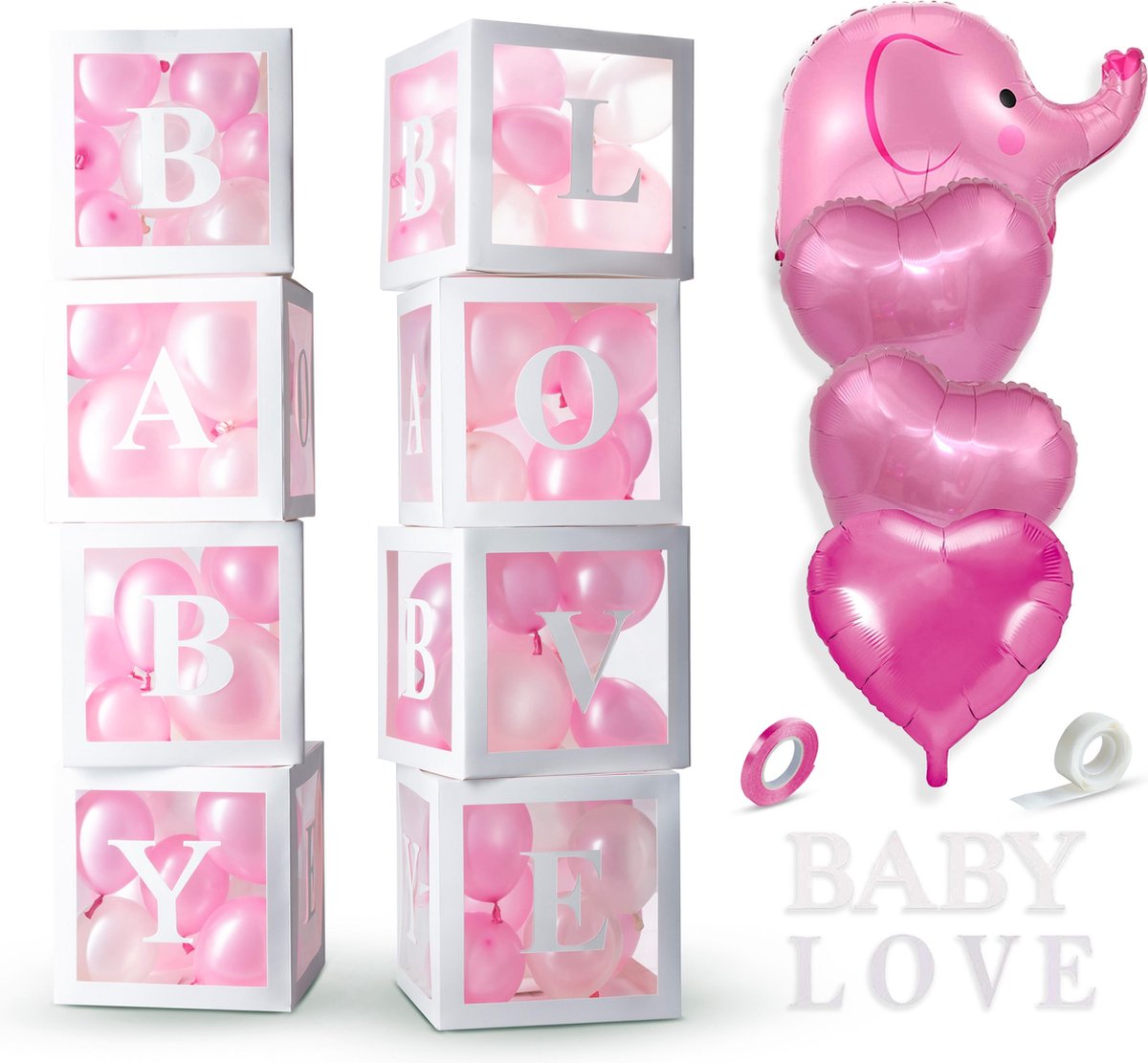 Fissaly® 58 Stuks Babyshower Meisje & Gender Reveal Versiering Dozen – Baby Girl – Mommy to Be Party - Decoratie Pakket – Feestpakket met ballonnen, sjerp, taarttopper, slinger & accessoires