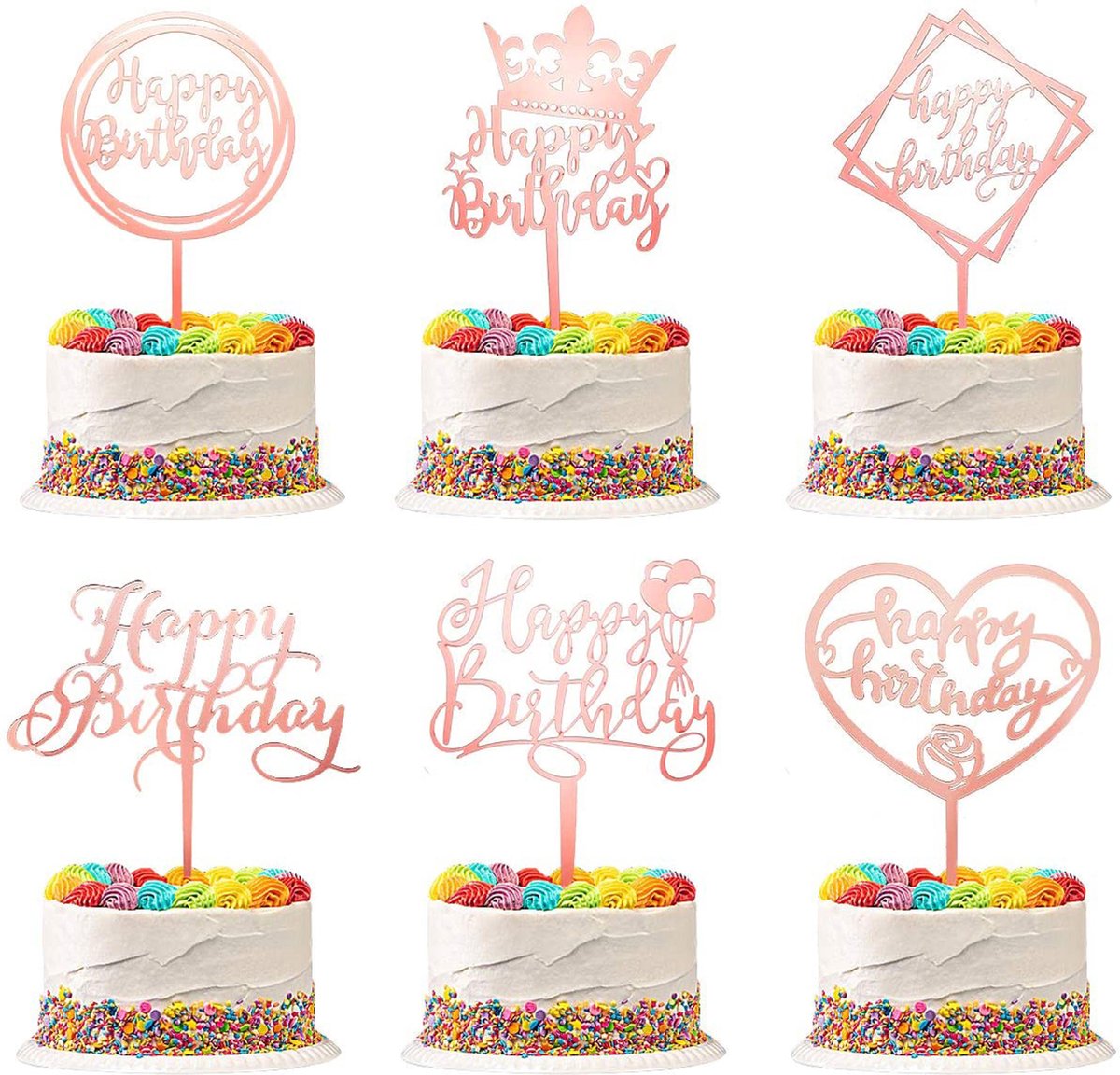 Fissaly® 6 Stuks Rosé Gouden Happy Birthday Taarttopper & Caketopper Set – Taartversiering – Decoratie Topper