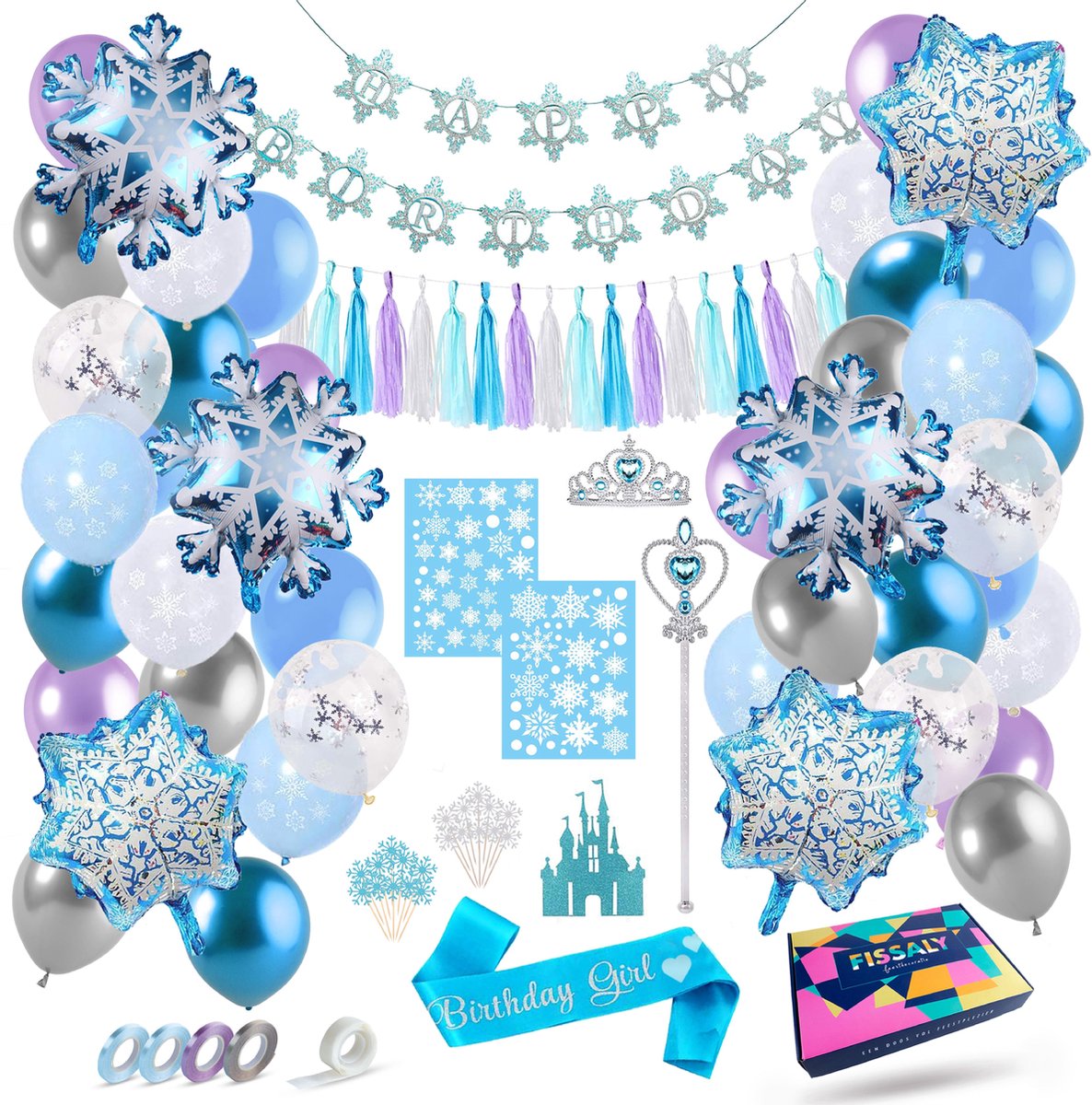 Fissaly® 94 Stuks Frozen Thema Verjaardag Decoratie Versiering – Feestpakket met ballonnen, taart decoratie, slingers, vlaggenlijn - Kinderfeestje Meisje - Elsa, Anna, Olaf