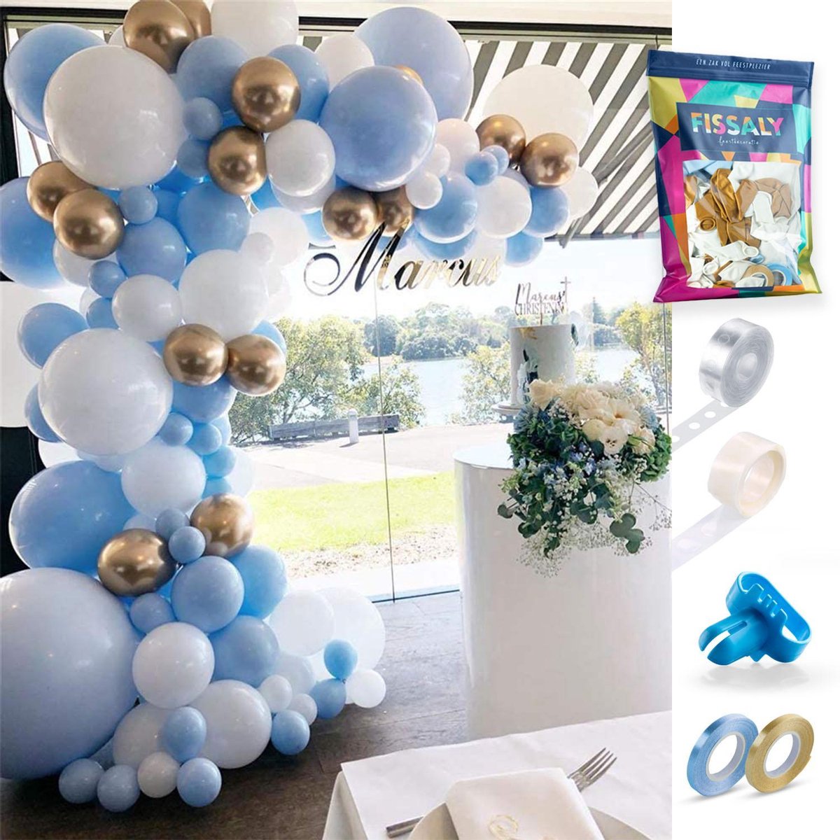 Fissaly® Ballonnenboog Blauw, Wit & Goud – Ballonboog Feest Decoratie Versiering – Verjaardag - Helium, Latex & Confetti Ballonnen Boog