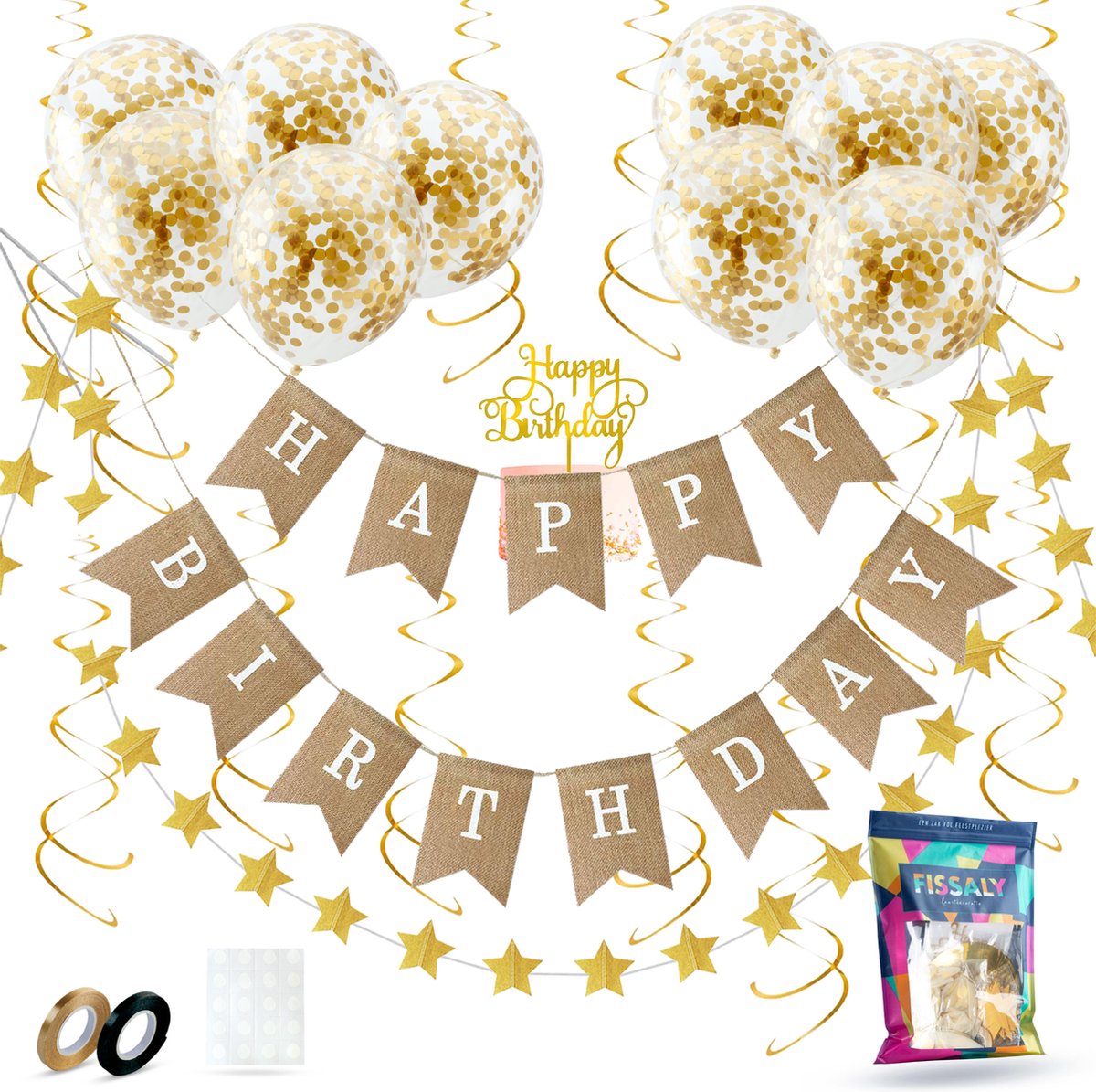 Fissaly® Verjaardag Jute Slinger met Papieren Gouden Confetti Ballonnen – Decoratie – Happy Birthday - Letterslinger