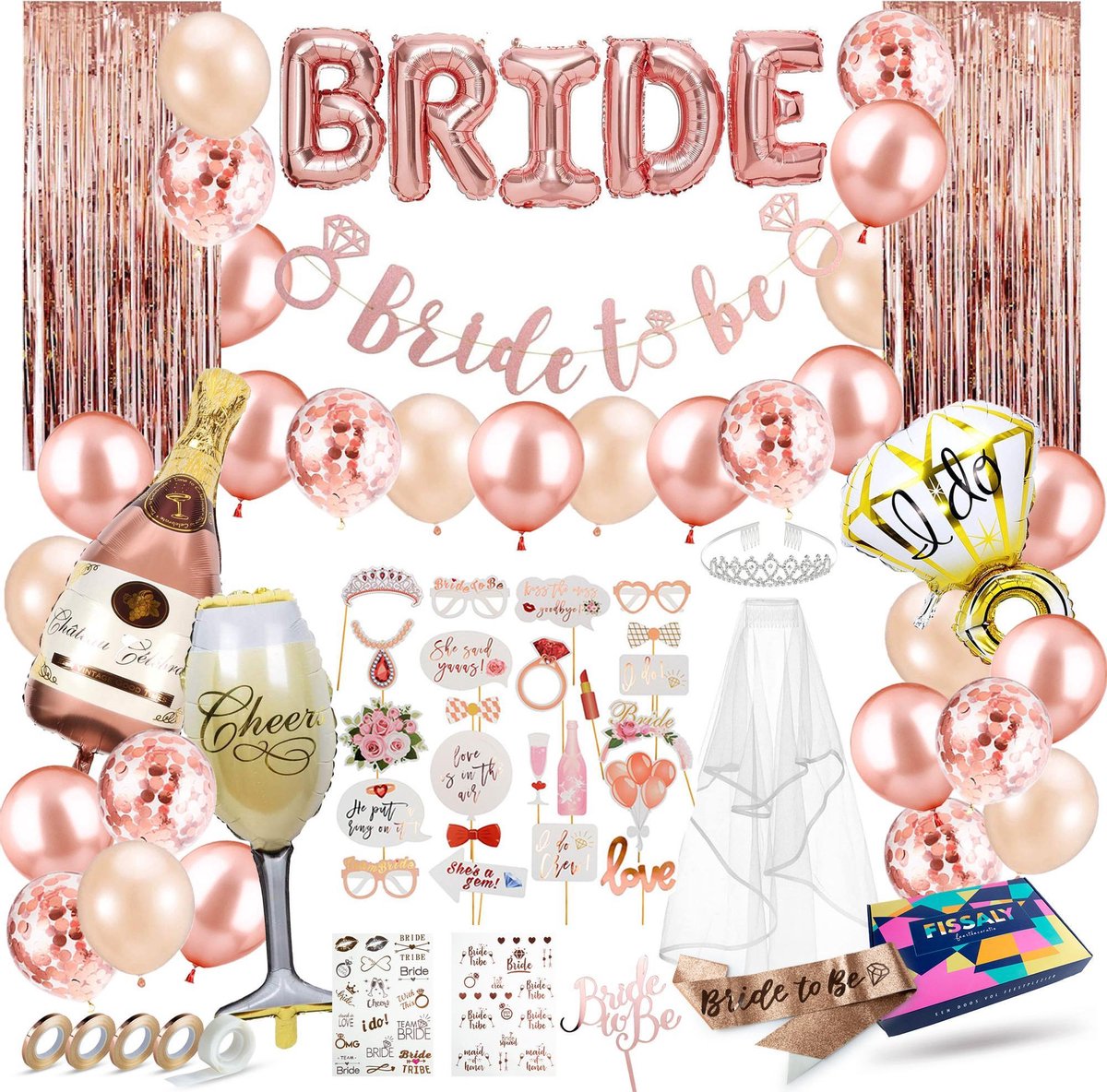 Fissaly® “Bride to be” Vrijgezellenfeest Vrouw Decoratie Set - Bachelorette Party Vrouwen – Vrijgezellen Team - Inclusief Ballonnen, Sjerp, Sluier, Versieringen & Accessoires