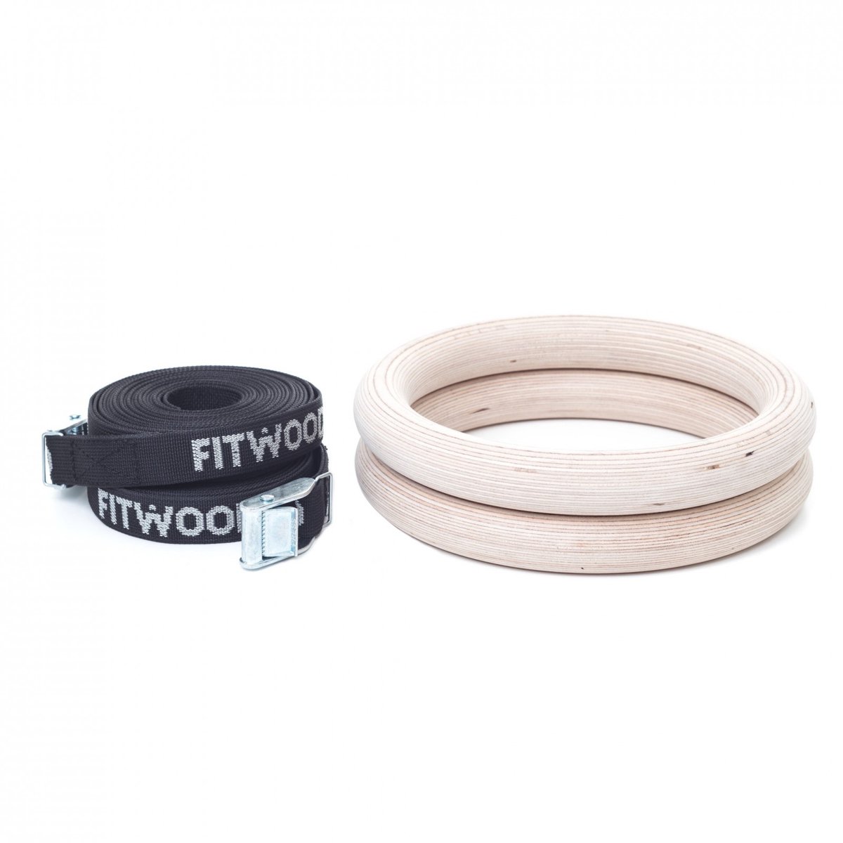 FitWood Gymnastiek Ringen zwart zwarte banden– Houten   met Verstelbare Banden (5m) – Voor Optrekken, Dips & Calisthenics – Belastbaar tot 150 kg – Wit of Onbehandeld Hout