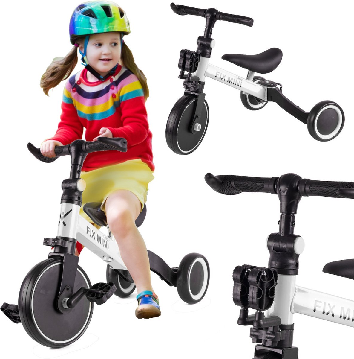 Fix Mini - 3 in 1 Driewieler - trike met pedalen - tot 30kg - van 1,5 - 4 jaar oud  - wit / zwart - aluminium frame - Loopfiets