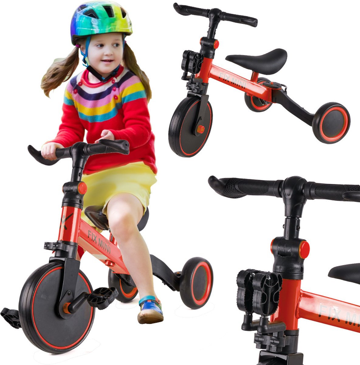 Fix Mini 3in1 driewieler trike met pedalen - tot 30kg - van 1,5 - 4 jaar oud - rood zwart - loopfiets - goed voor de ontwikkeling - aluminium frame