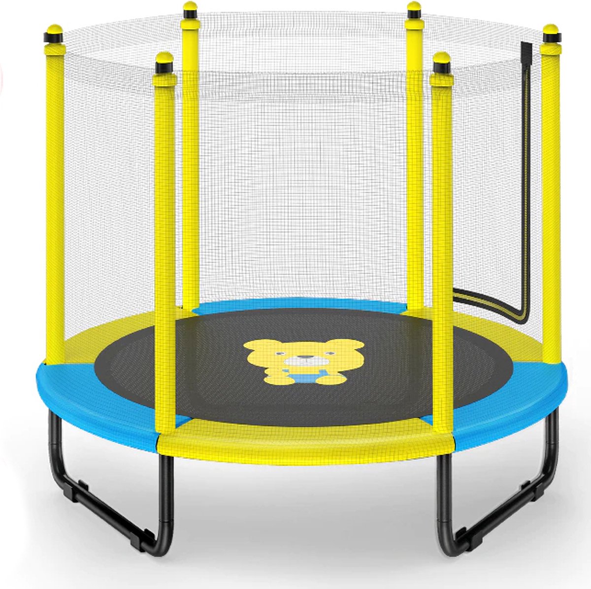 Flanner® Kindertrampoline – Trampoline met Veiligheidsomheining – Indoor/Outdoor - Binnen Trampoline - Trampoline Blauw/Geel met Beer