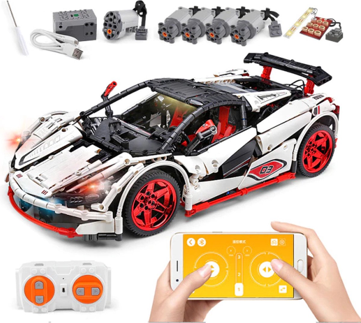 Flanner® Raceauto Afstand Bestuurbaar Bouwpakket – RC Sportwagen App Remote Control – Lego Compatible - 1:8 Racecar Model Accu 1928 stks