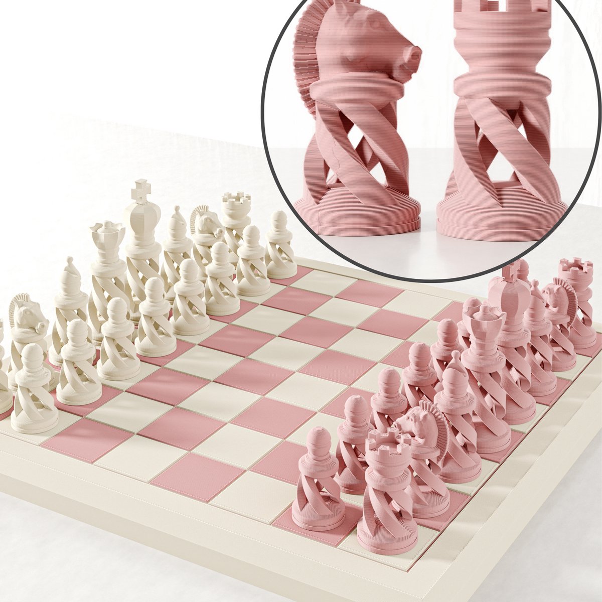   - Luxe schaakbord - Schaakspel in pastel kleuren Beige & Roze - Schaakset met moderne spiraalvormige schaakstukken - Schaakspel 40x40 cm