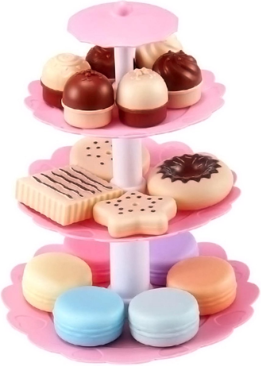 Speelgoed set Dessert Toren van 16 plastic gebakjes inclusief  4-laags afneembaar etagèr - Speelgoedservies - Theeservies Kinderen