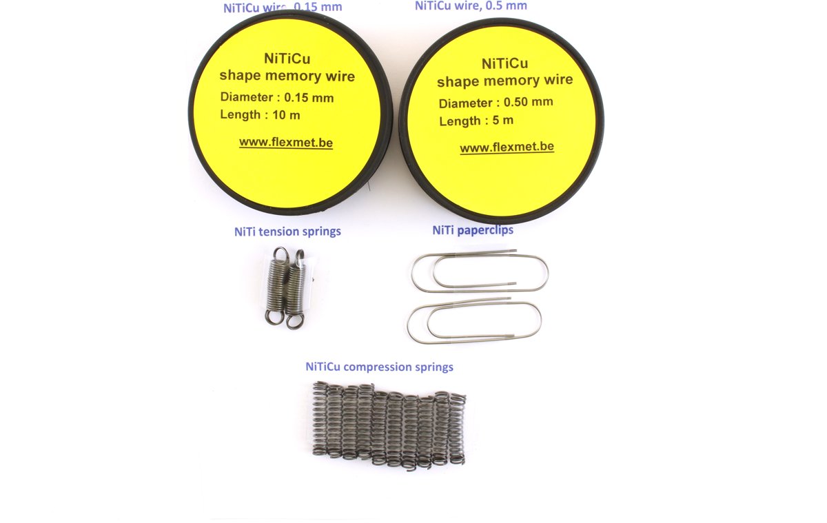 Nitinol geheugenmetaal ‘XL’ set : geheugenmetaal-draad, veertjes en paperclips