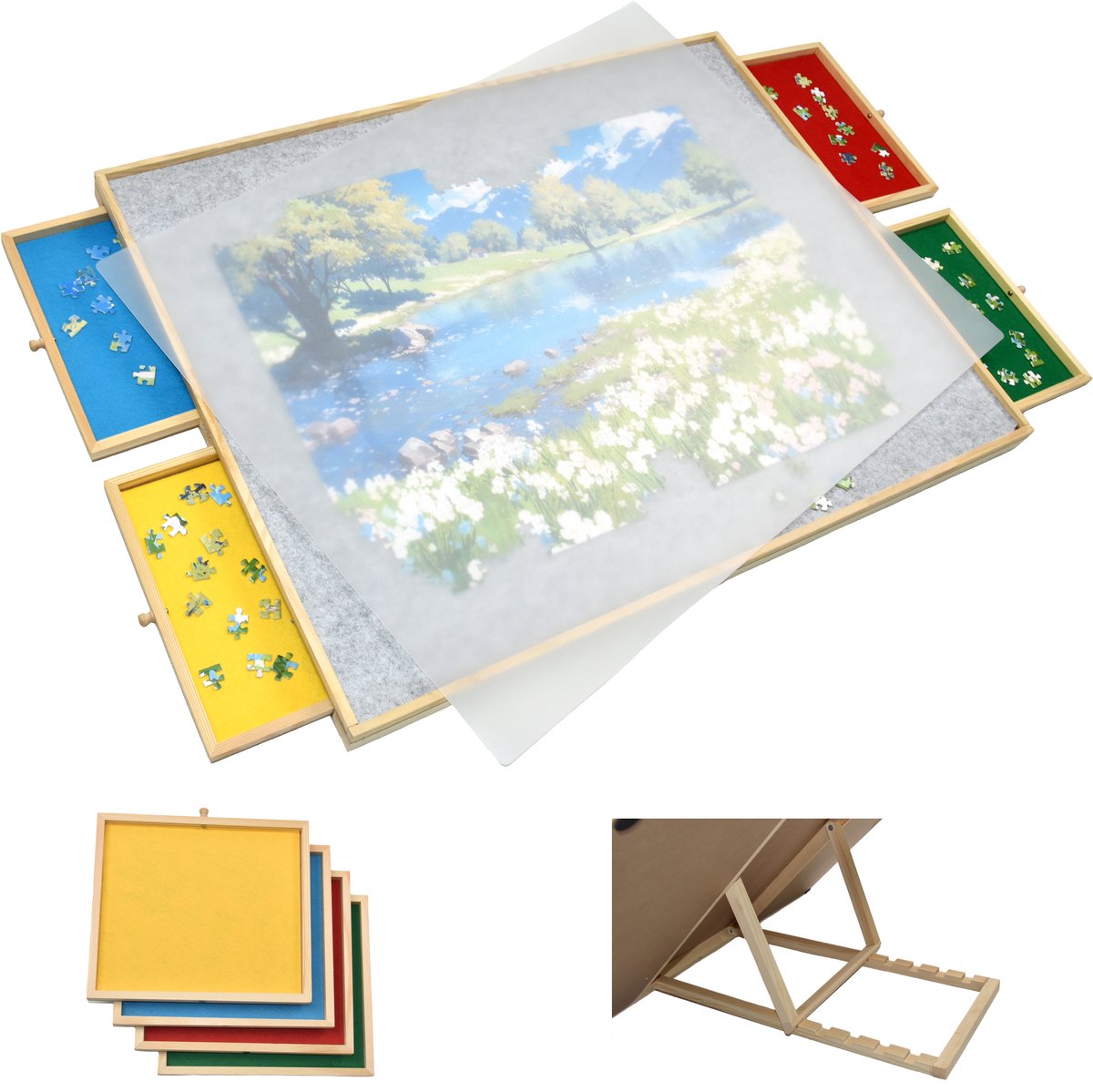 Verstelbare Puzzelbord met Sorteersysteem - Puzzelplaat met Bescherming - 4 Lades voor 1500 stukjes -   van Hout - Puzzel tafel - Portapuzzel - 89x68,7x4 cm