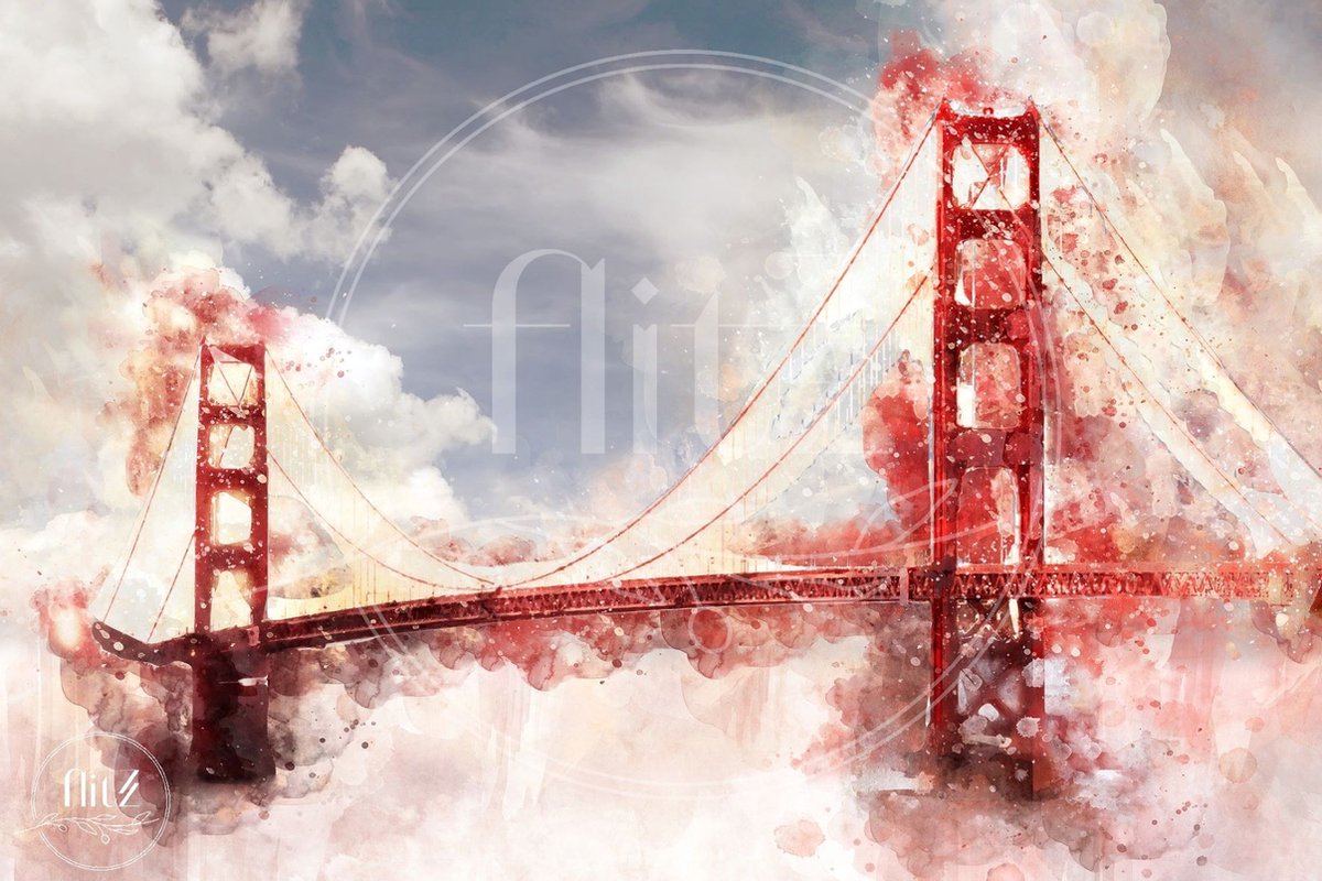 100% Nederlandse Productie! │ Diamond Painting │ Aquarel Golden Gate Bridge San Francisco│ Formaat 60 x 40 cm │ Diamond Painting Pakket Volwassen │ Volledige bedekking │ Vierkant │ Full │ Flitzz Diamond Painting