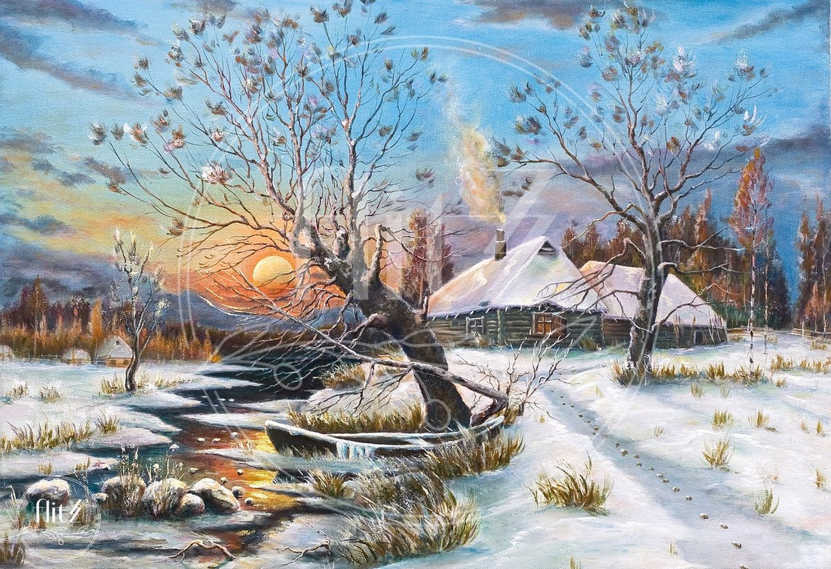 100% Nederlandse Productie! │ Diamond Painting │ Zonsondergang in de Winter van Julius von Klever│ Formaat 120 x 80 cm │ Diamond Painting Pakket Volwassen │ Volledige bedekking │ Vierkant │ Full │ Flitzz Diamond Painting