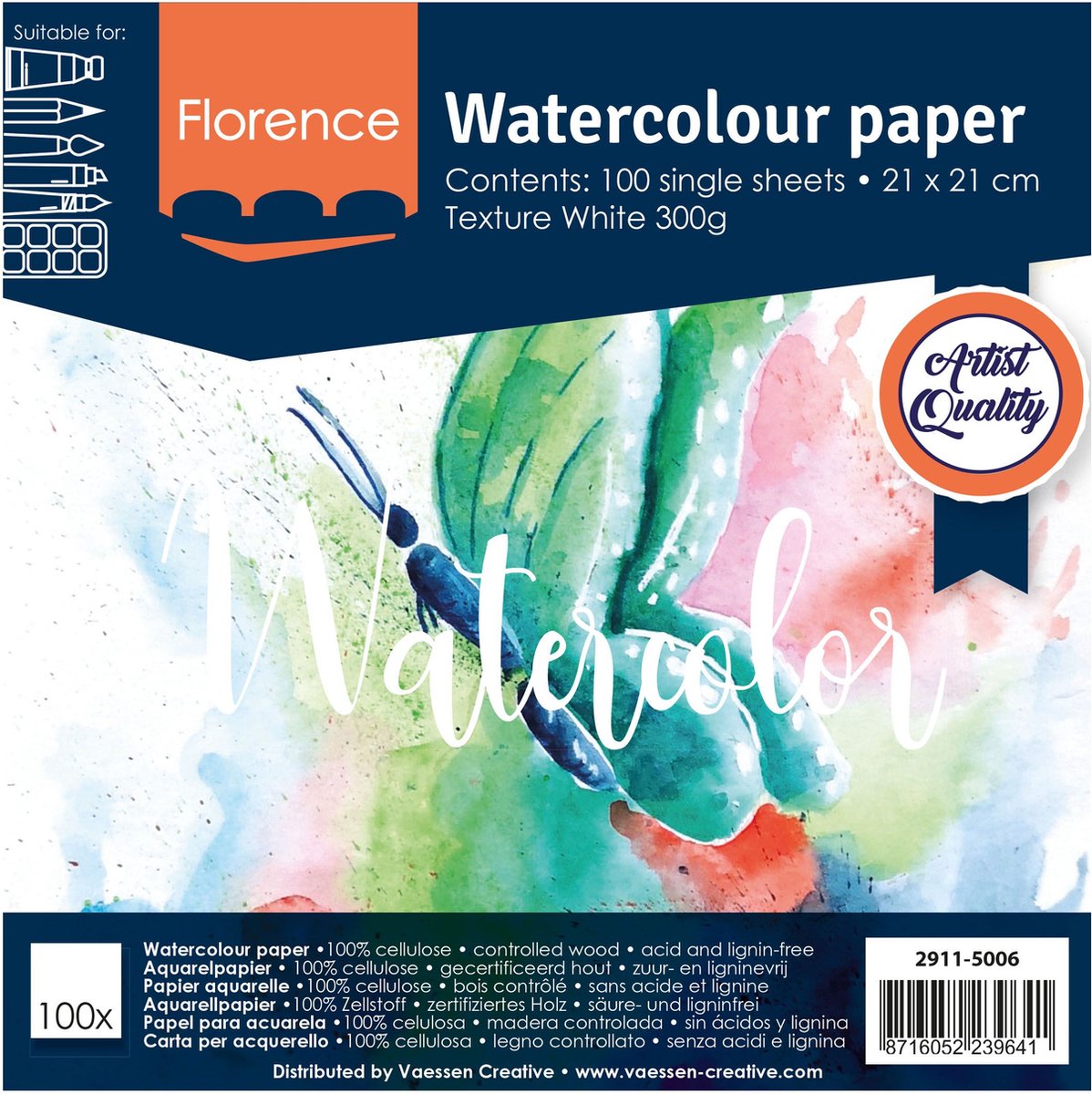 Florence Aquarelpapier Textuur 21x21cm 300g White 100 vellen