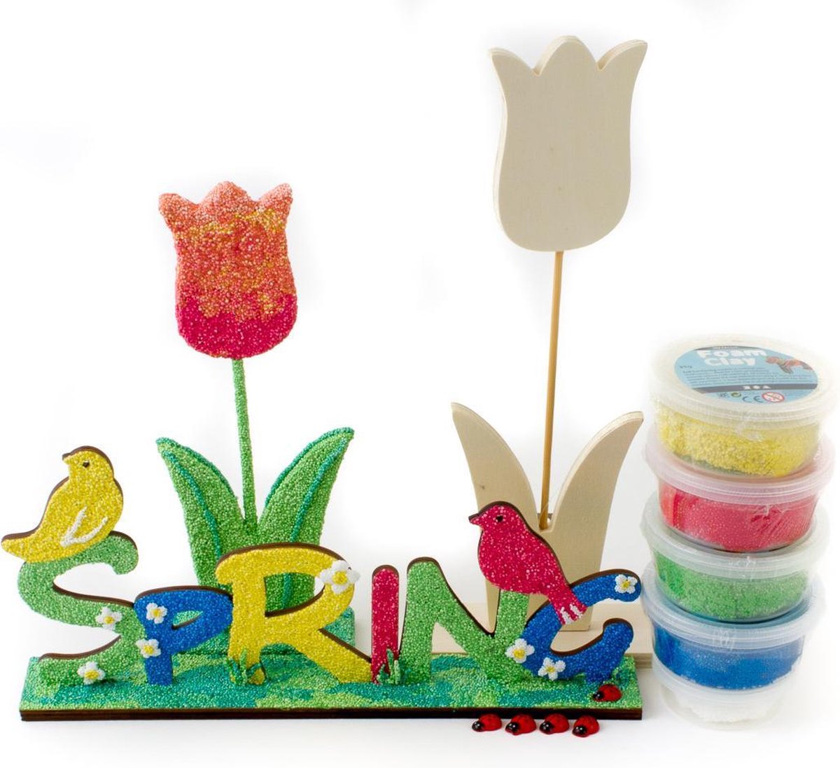 Decoratieve voorjaars set Pasen Spring tulp hout knutselpakket creatief pakket foam clay klei diy lieveheersbeestje decoratief zelf maken decoratie creatief  kind volwassenen tafeldecoratie