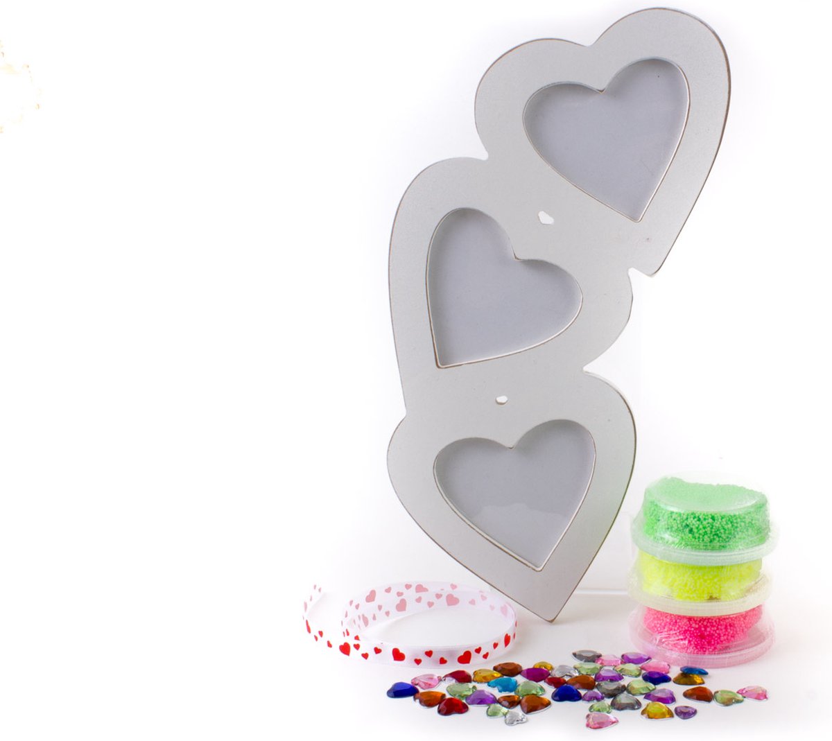 Fotolijstjes 3 hartjes foam clay knutsel pakket moederdag Valentijn creatief cadeau uniek persoonlijk geschenk foam clay satijnlint strassteentjes hart diy