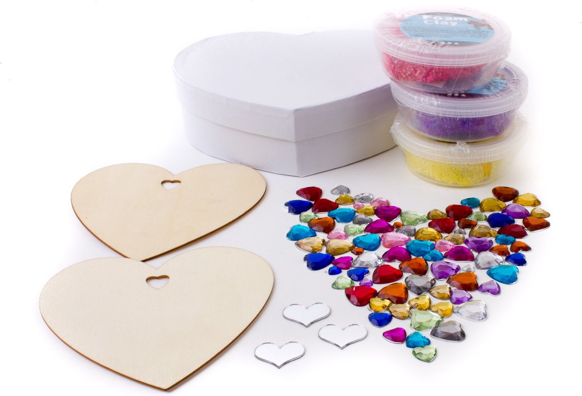 Moederdag Valentijn knutselen creatief pakket HART cadeau karton hout hartje doosje spiegels glitters strassteentjes foam clay jongen meisje persoonlijk geschenk knutselwerk kinderen Diy zelf maken