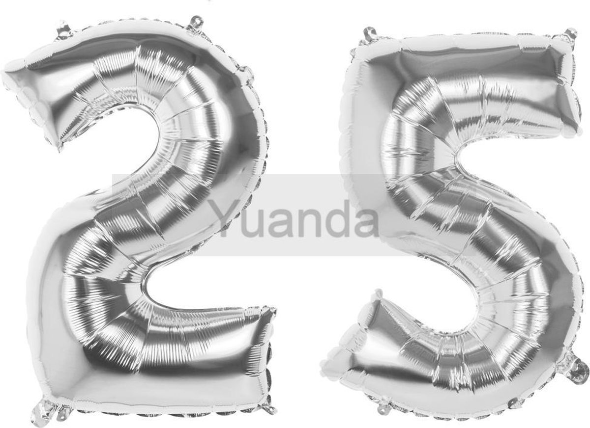 25 Jaar Folie Ballonnen Zilver- Happy Birthday - Foil Balloon - Versiering - Verjaardag - Man / Vrouw - Feest - Inclusief Opblaas Stokje & Clip - XXL - 115 cm