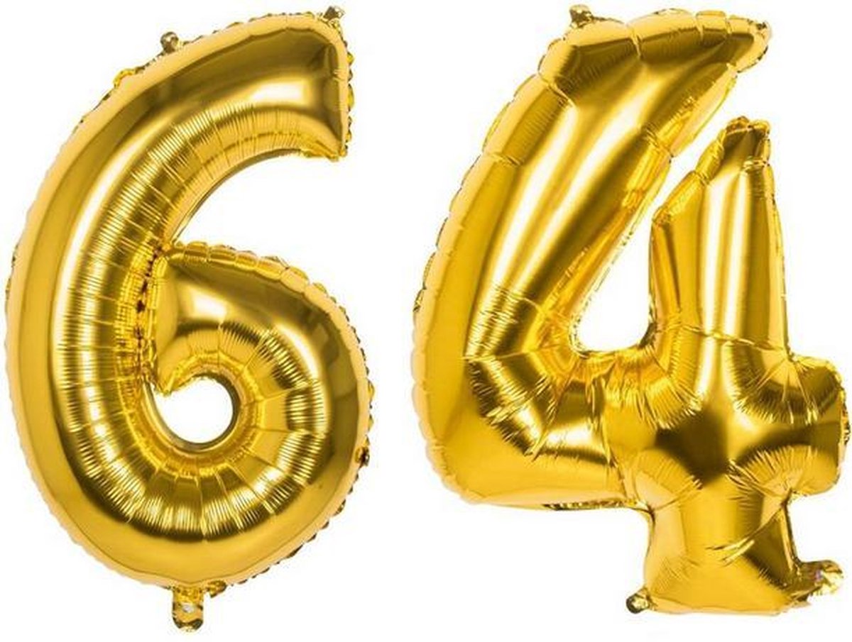 64 Jaar Folie Ballonnen Goud - Happy Birthday - Foil Balloon - Versiering - Verjaardag - Man / Vrouw - Feest - Inclusief Opblaas Stokje & Clip - XL - 115 cm