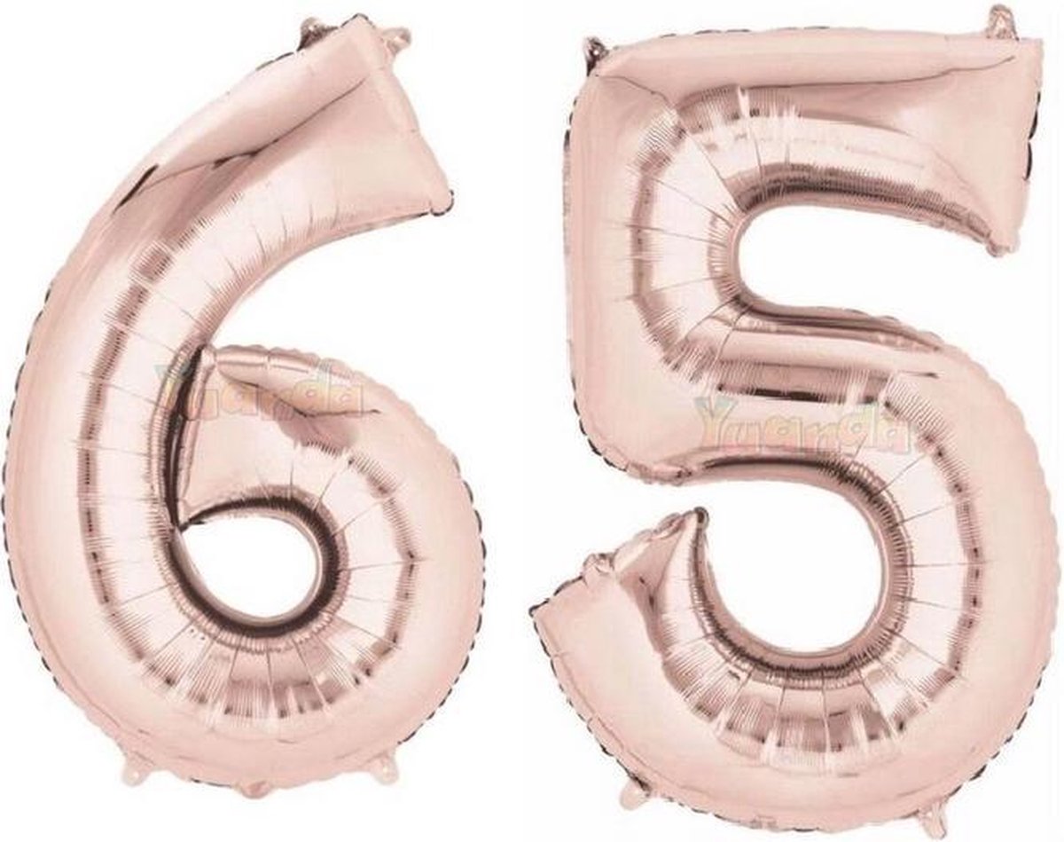 65 Jaar Folie Ballonnen Rosé Goud - Happy Birthday - Foil Balloon - Versiering - Verjaardag - Jongen / Meisje - Feest - Inclusief Opblaas Stokje & Clip - XXL - 115 cm
