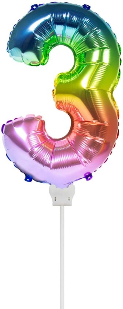 Folieballon taart Mini cijfer 3 Regenboog (13cm)