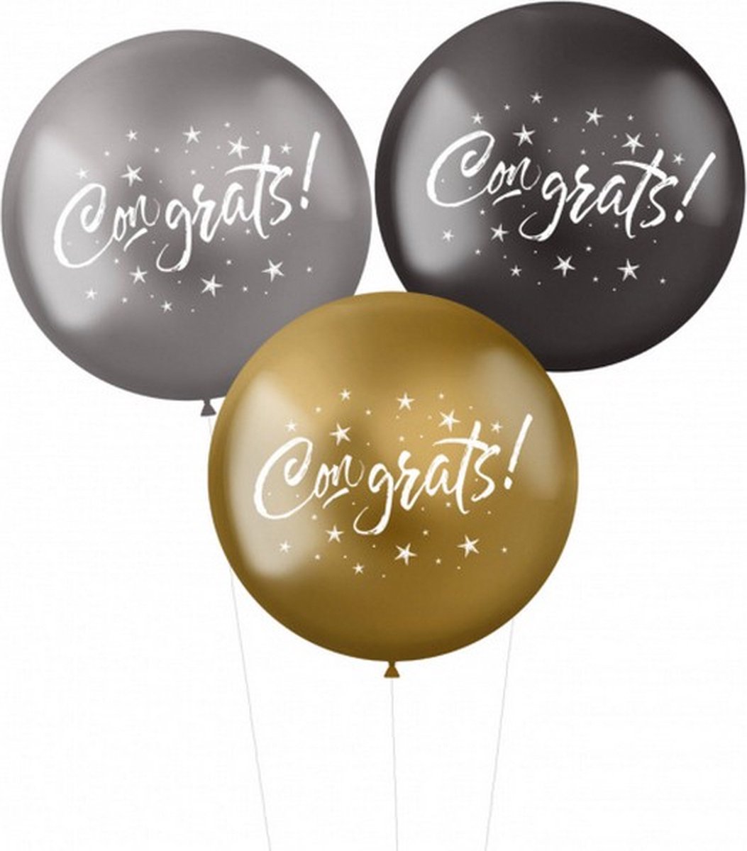 ballonnen Congrats! 48 cm latex zwart/goud/zilver 3 stuks