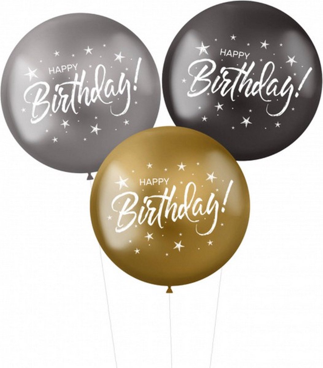 ballonnen Happy Birthday 48 cm zwart/zilver/goud 3 stuks