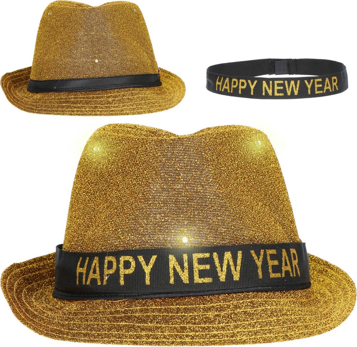 Folat Hoed Trilby Happy New Year Lurex goud/zwart One-size