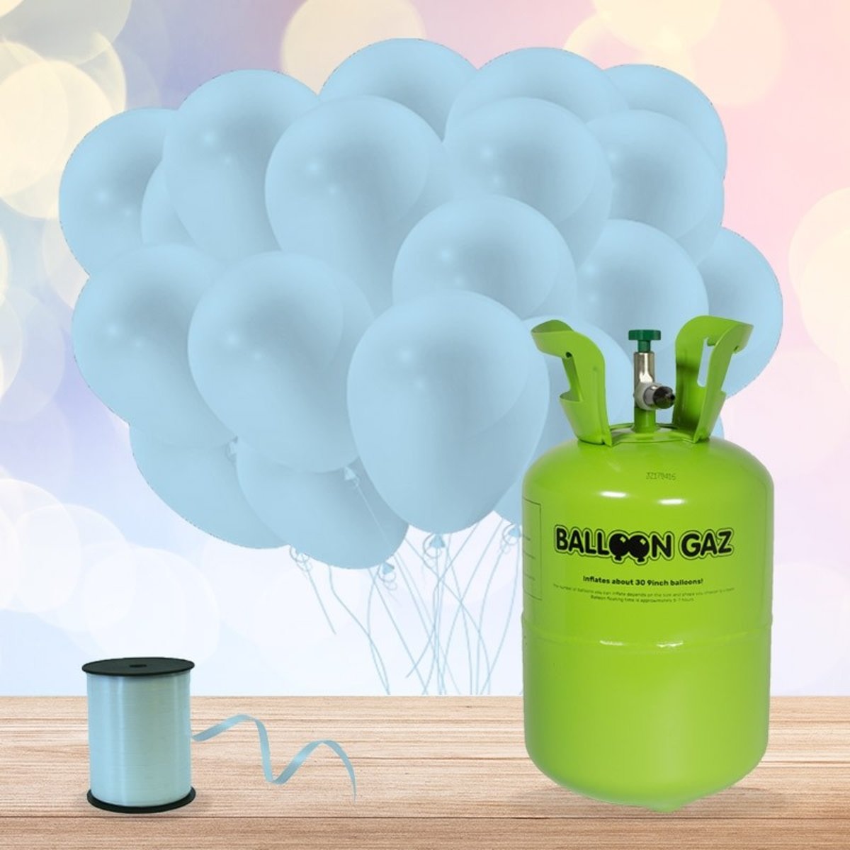 Helium Tank met 30 Lichtblauwe Ballonnen en Lint