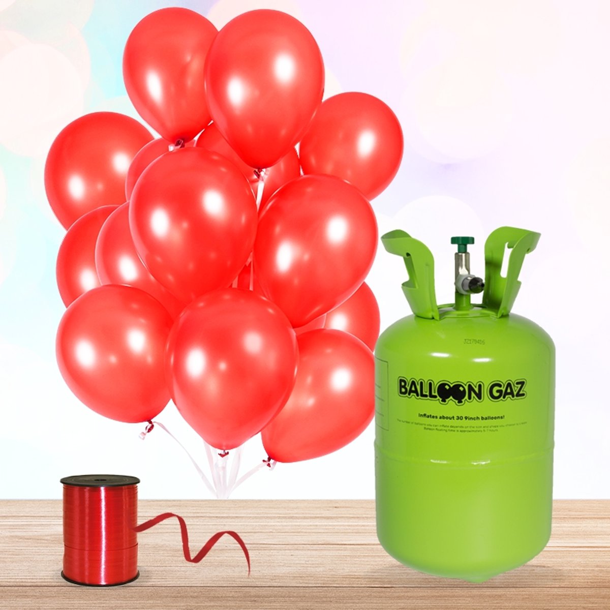 Helium Tank met 30 Rode Ballonnen en Lint