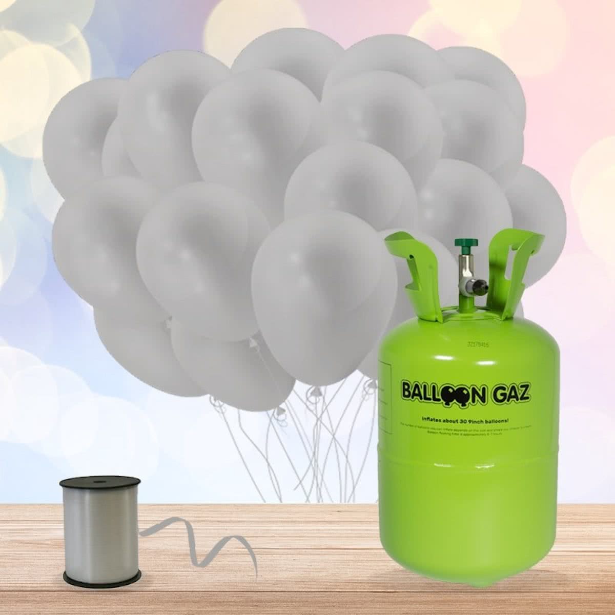 Helium Tank met 30 Zilveren Ballonnen en Lint