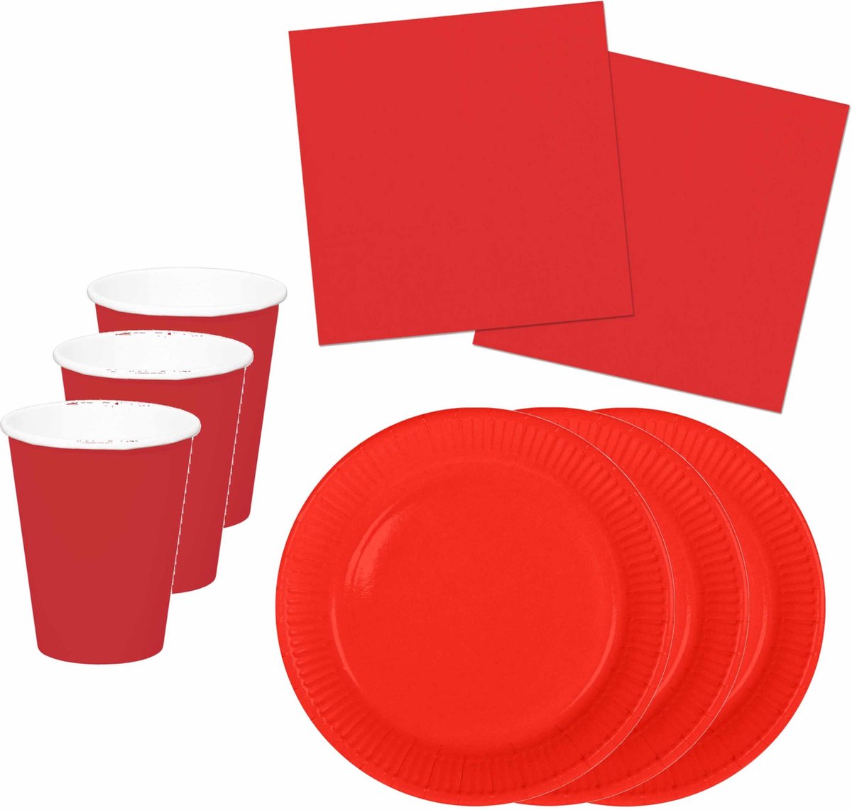 Tafel dekken feestartikelen in kleur rood -16x bordjes/16x drink bekers/20x servetten van papier - Gedekte tafel feestartikelen