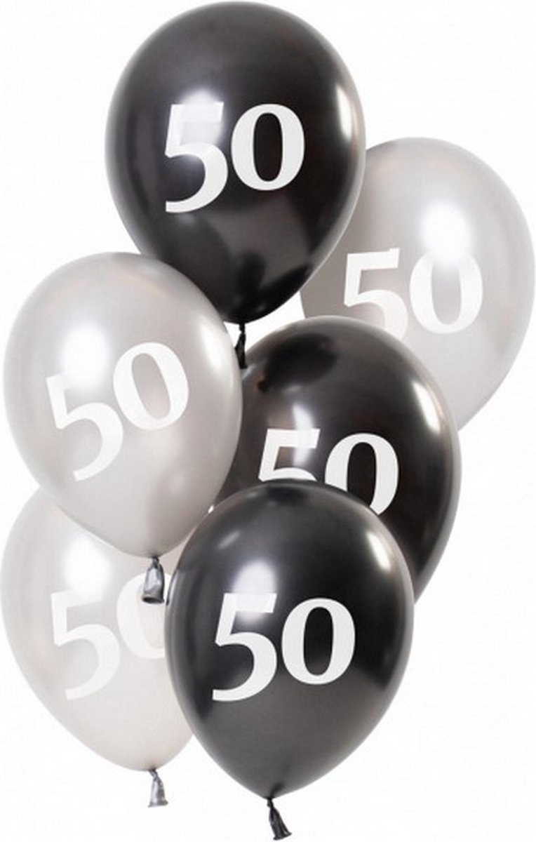 ballonnen Glossy 50 jaar 23 cm latex zwart/zilver 6 stuks