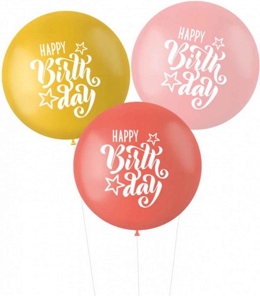 ballonnen Happy Birthday! 80 cm latex roze/rood 3 stuks