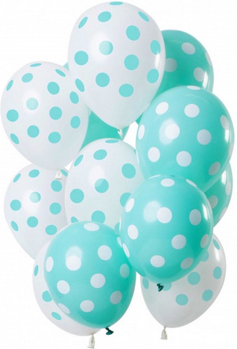 ballonnen Stippen 30 cm latex wit/mintgroen12 stuks