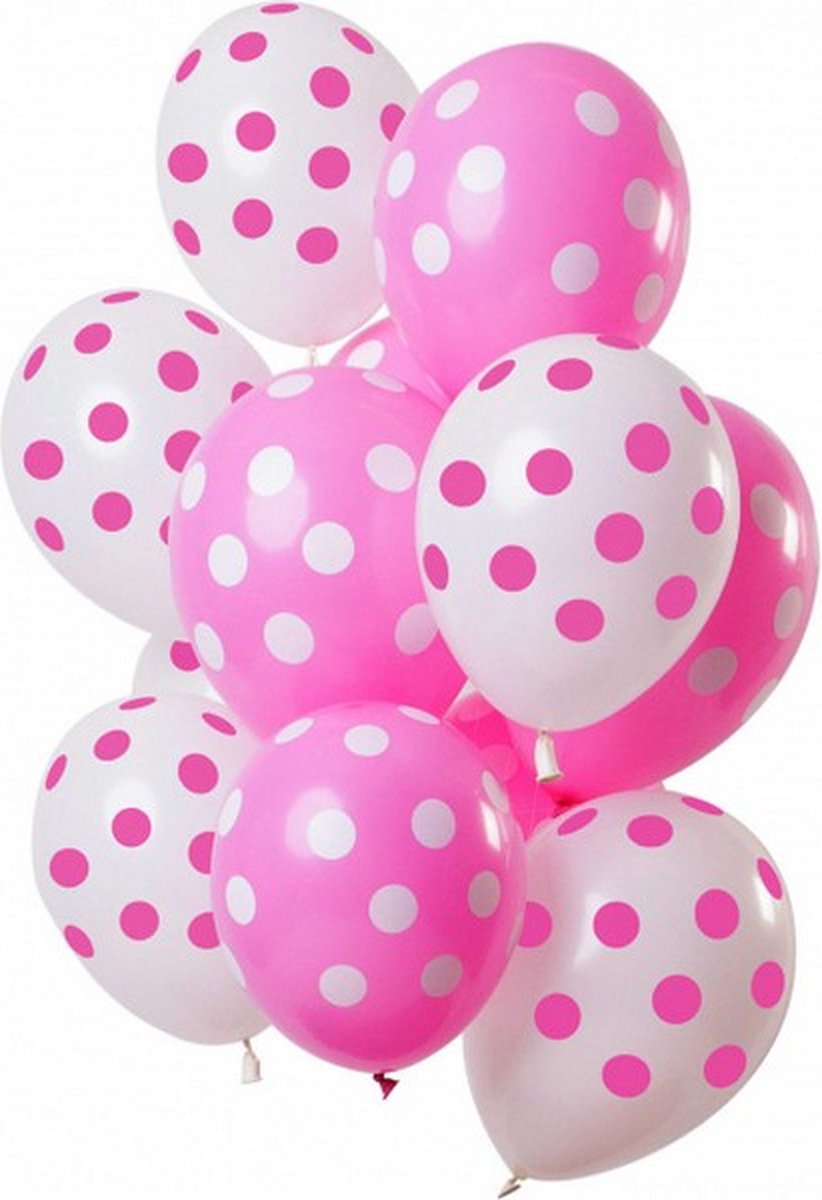 ballonnen Stippen 30 cm latex wit/roze 12 stuks