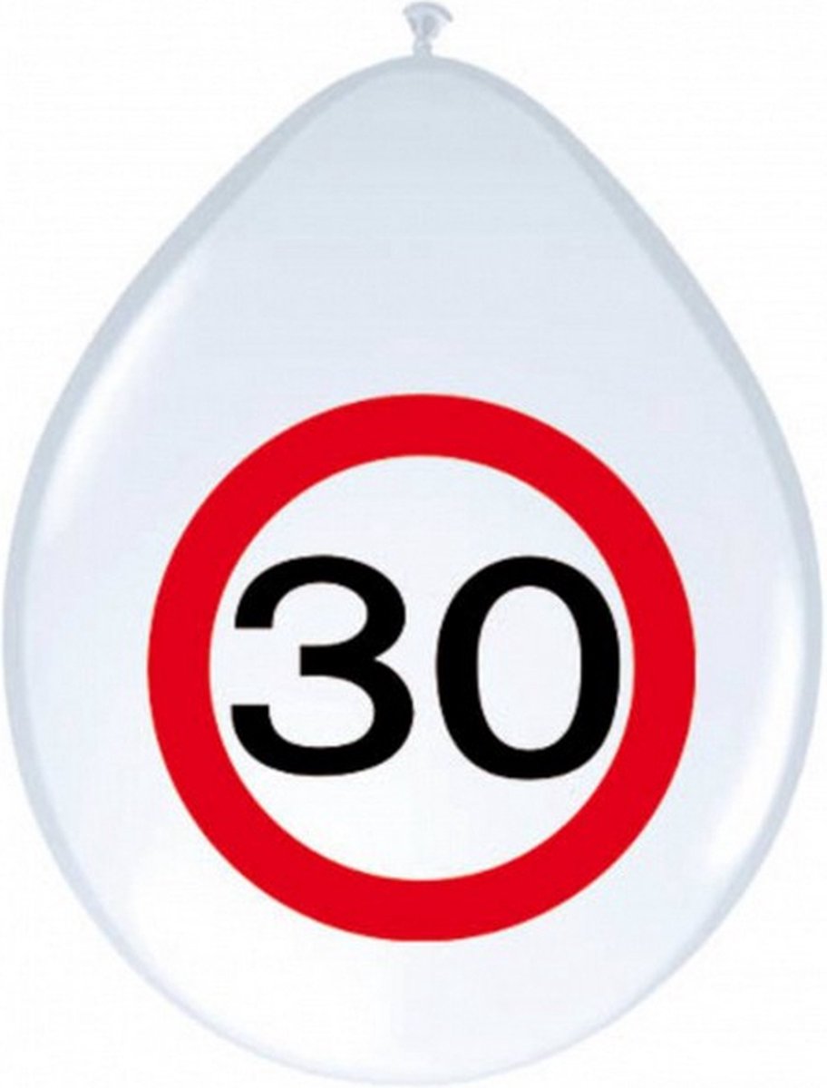 ballonnen verkeersbord 30 jaar 30 cm latex wit 8 stuks