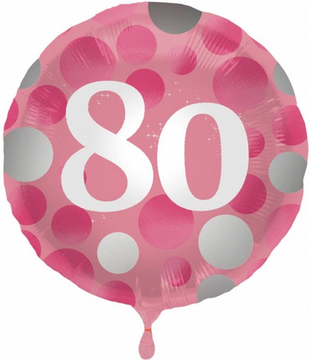 folieballon 80 jaar Glossy 45 cm roze/wit