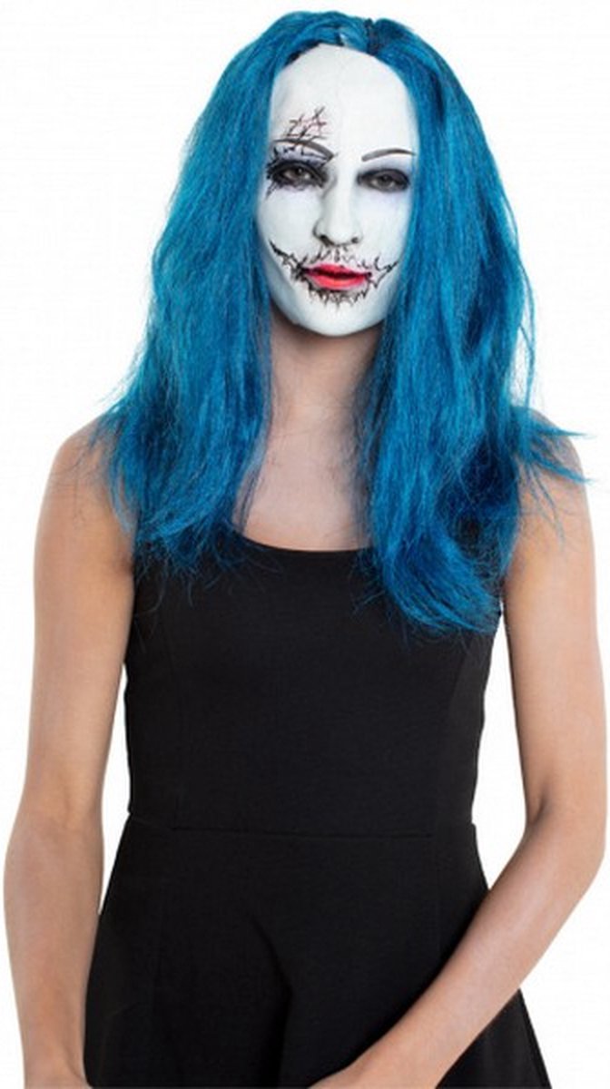 gezichtsmasker Enge vrouw latex wit/blauw one-size