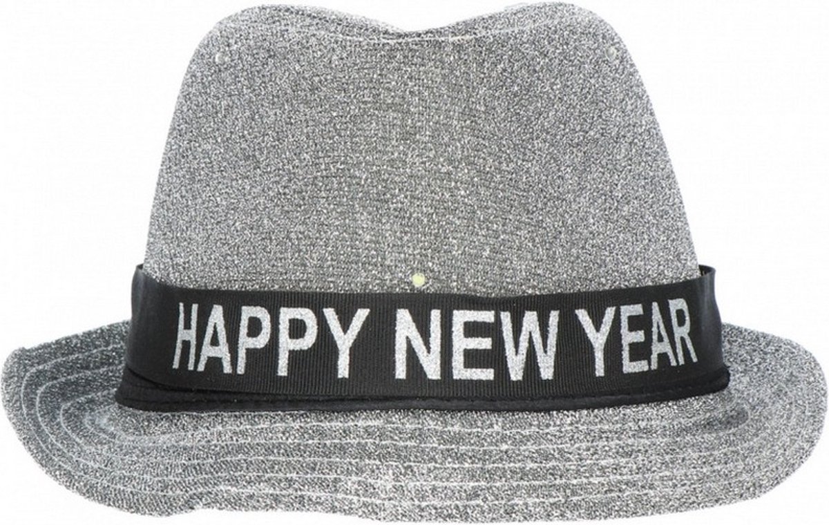 hoed Trilby Happy New Year lurex zilver/zwart one-size