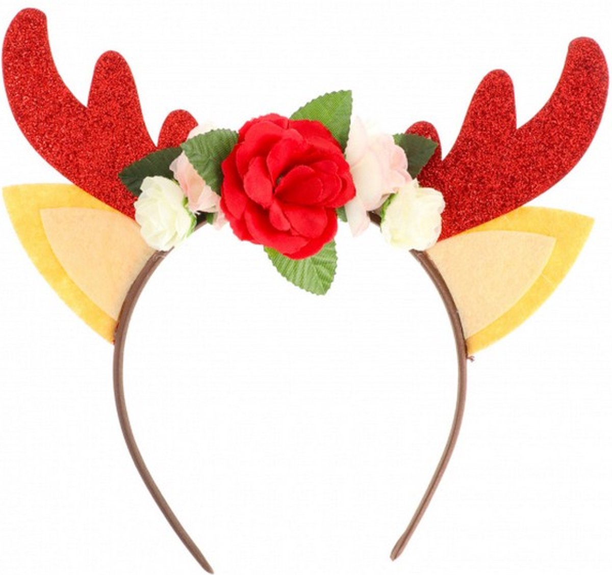 tiara Rendier met bloemen polyester rood/geel one-size