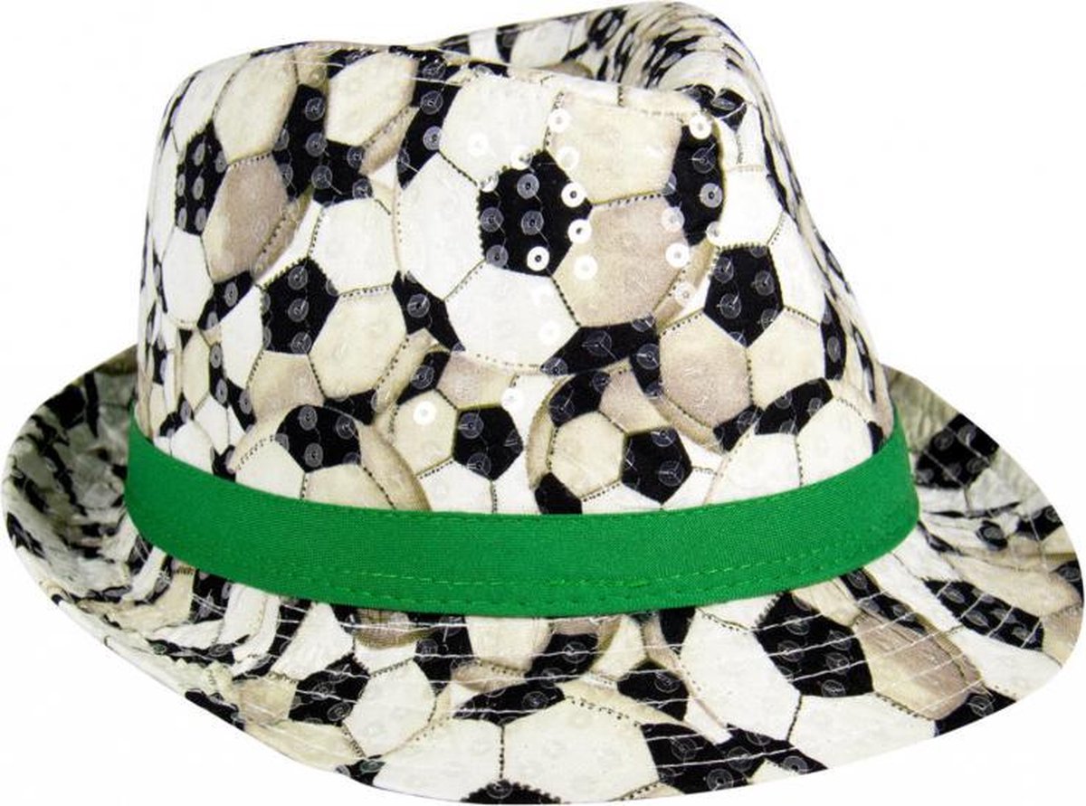 trilby-hoed voetbal 22,5 x 13 cm polyester zwart/wit/groen