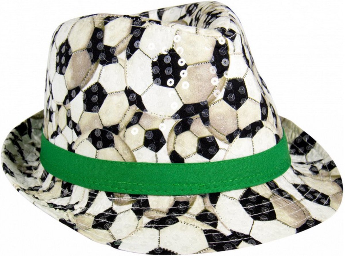 trilby-hoed voetbal 22,5 x 13 cm polyester zwart/wit/groen