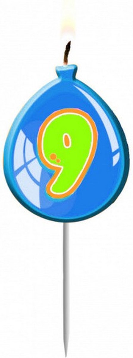 verjaardagskaars 9 ballon 11 x 4 cm wax blauw/groen