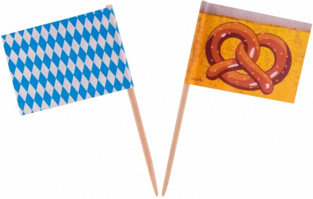 vlagprikkers Oktoberfest 14 cm bamboe geel/blauw 50 stuks