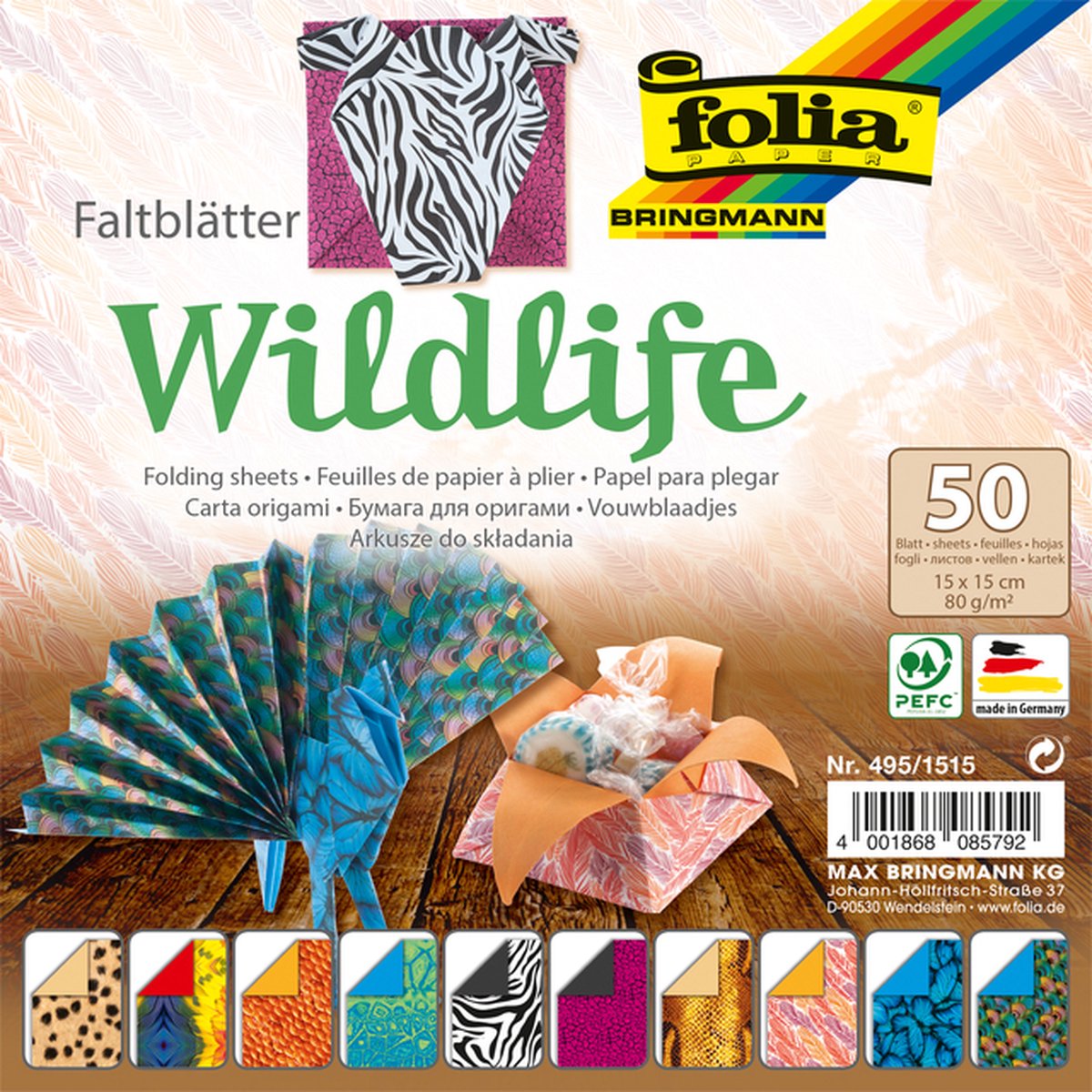 Vouwblaadjes Folia dubbelzijdig Wildlife 15x15cm 50vel - 140 stuks